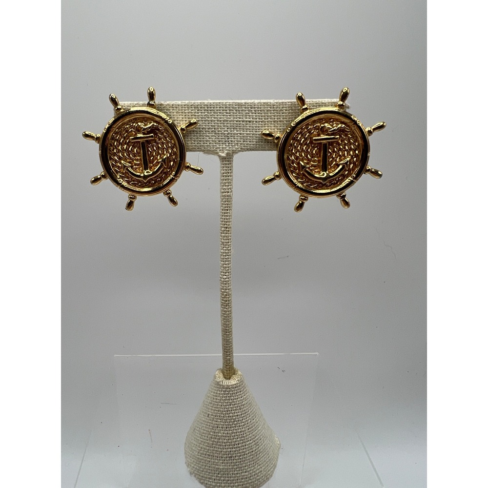 Nautical Anchor‎ Ship Wheel Stud Earrings Coastal Preppy Yacht Gold Tone 1.5in